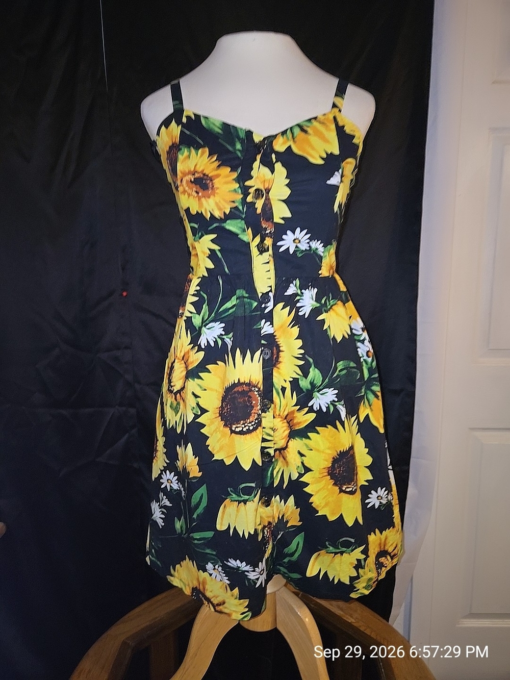 Sunflower Print Black Sundress - Unbranded